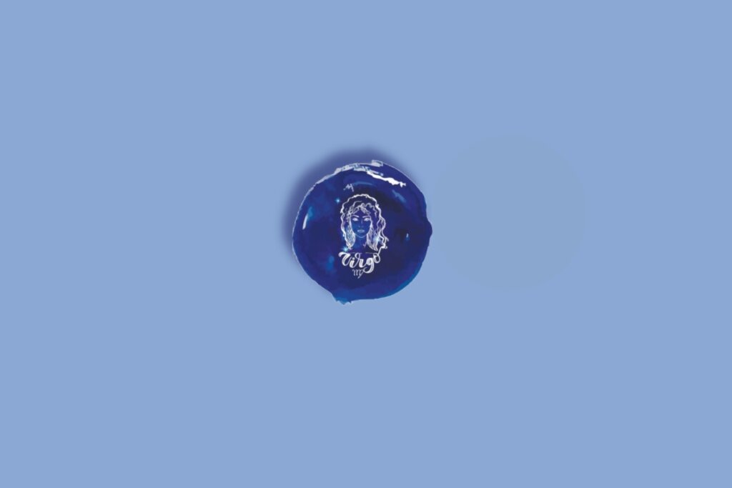 Ilustração do signo de virgem em um círculo com fundo azul e branco com estrelas