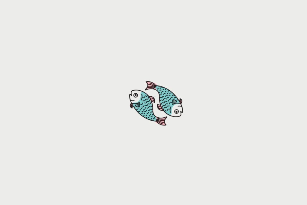 Ilustração de dois peixes com escamas azul-piscina e barbatanas rosa posicionados em formato circular, um de frente para o outro, representando o signo de Peixes. O desenho está centralizado sobre um fundo cinza-claro.