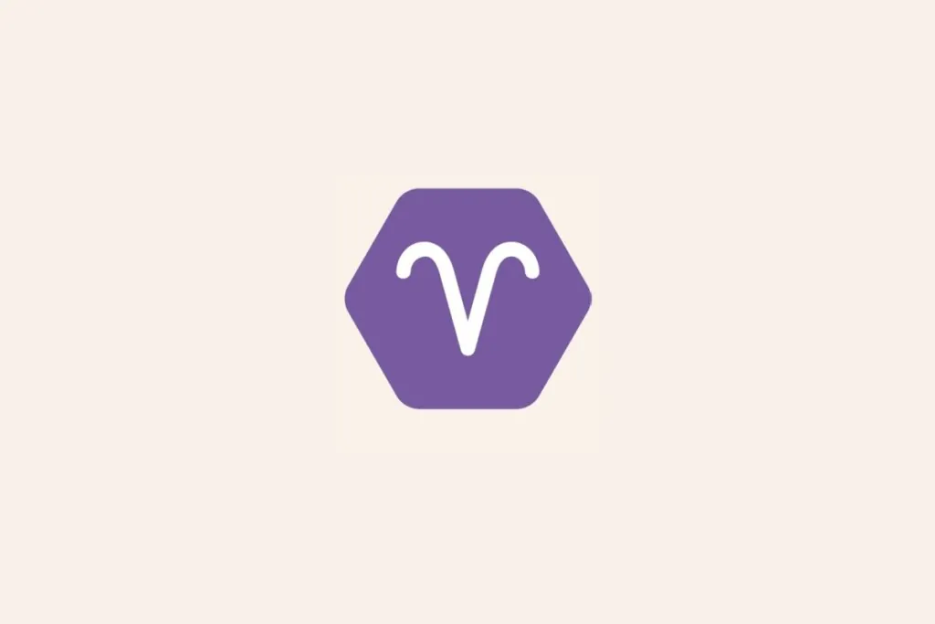 Ilustração do signo Áries, com símbolo branco em formato de chifres curvos em hexágono roxo em fundo bege