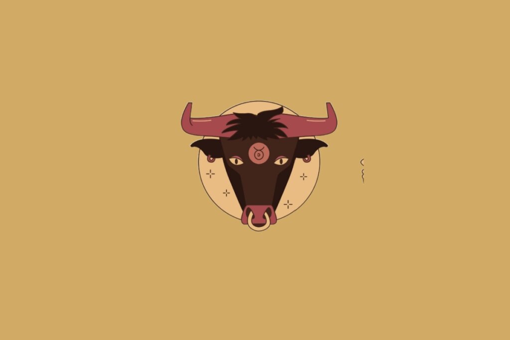 Ilustração do signo de Touro contendo a cabeça de um touro com argola no nariz em fundo mostarda
