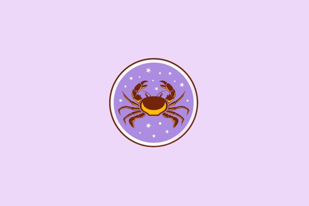 Ilustração do signo de Câncer, mostrando um caranguejo com pinças abertas em fundo lilás