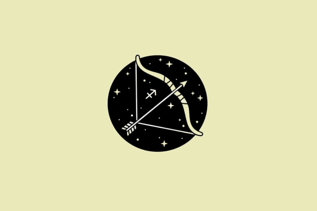 Ilustração do signo de Sagitário em preto sobre um fundo amarelo