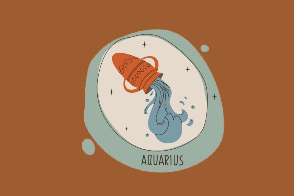 Ilustração do signo de Aquário com um vaso de cerâmica terracota inclinado, de onde verte água em tons de azul. O conjunto está dentro de uma moldura orgânica verde-água em um fundo marrom