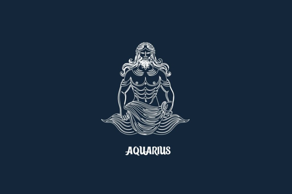 Ilustração em linhas brancas sobre fundo azul-escuro representando o signo de Aquário. O desenho mostra a figura estilizada de um homem musculoso com barba e cabelos longos, segurando um vaso que derrama água para os dois lados. Logo abaixo, está escrita a palavra "AQUARIUS" em fonte estilizada branca.