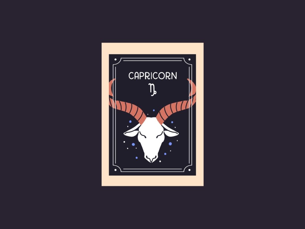 Ilustração do signo de Capricórnio com a cabeça de uma cabra branca de chifres terracota curvados. Inclui o nome "CAPRICORN" e o símbolo astrológico.