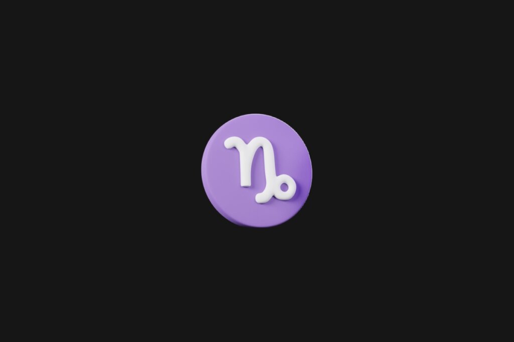 Ilustração do signo de capricórnio em um círculo roxo e em cima de um fundo preto