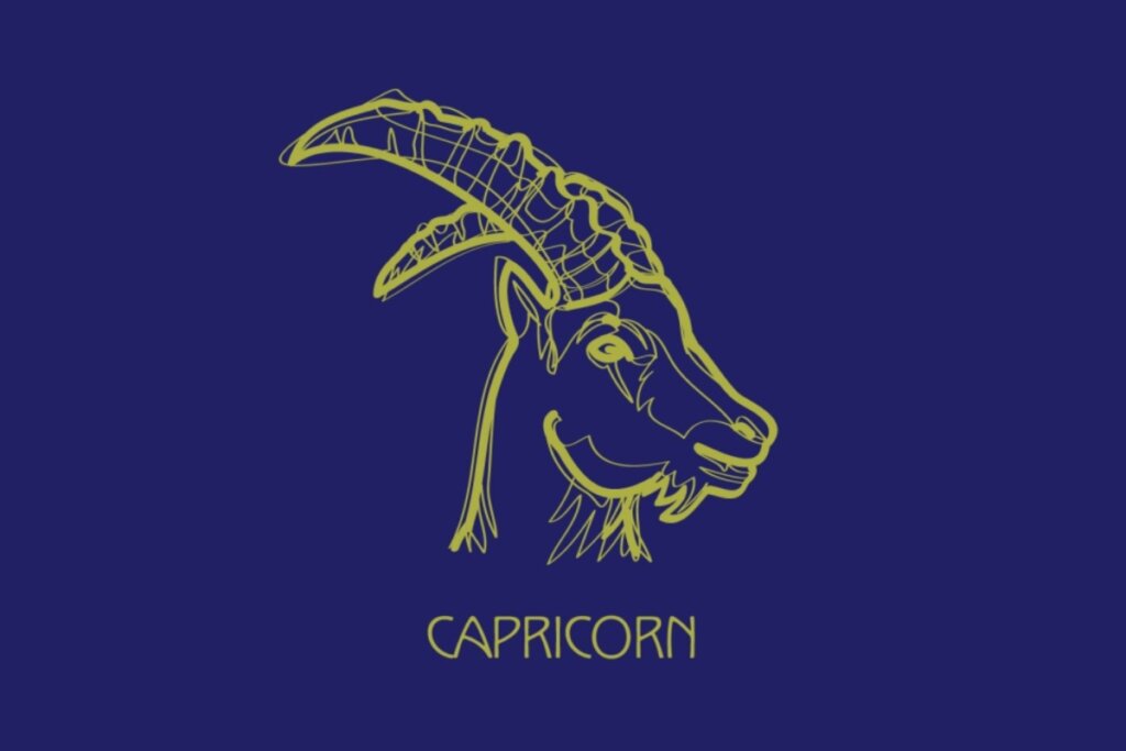 ilustração amarela da cabeça de uma cabra e nome "capricorn" embaixo sobre fundo azul