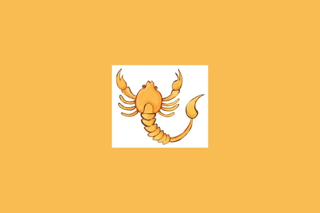 Uma ilustração simples de um escorpião, representando o signo de Escorpião, sobre um fundo claro cercado por um tom alaranjado