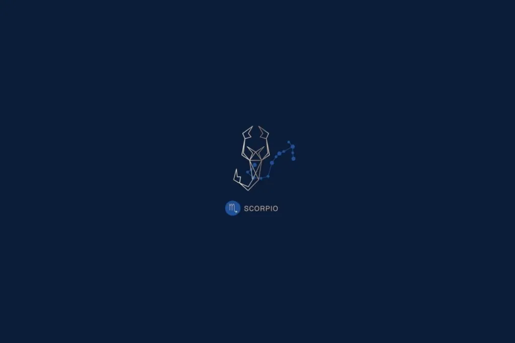 Ilustração de um escorpião, com o nome e a constelação do signo de escorpião, em um fundo azul-escuro