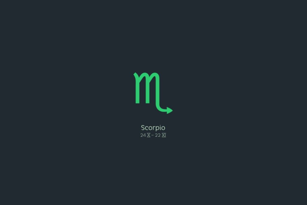 Ilustração do signo de escorpião em verde-claro sobre um fundo verde-escuro