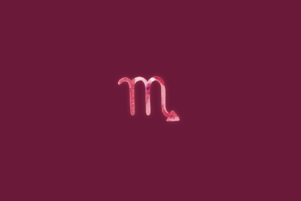 Ilustração do signo de escorpião centralizado em um fundo rosa