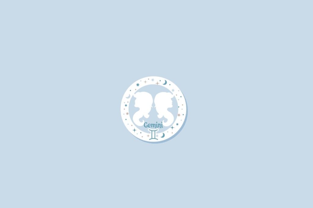 Símbolo do signo de gêmeos sobre fundo azul-claro, com detalhes de estrelas e luas distribuídos ao redor em um círculo branco