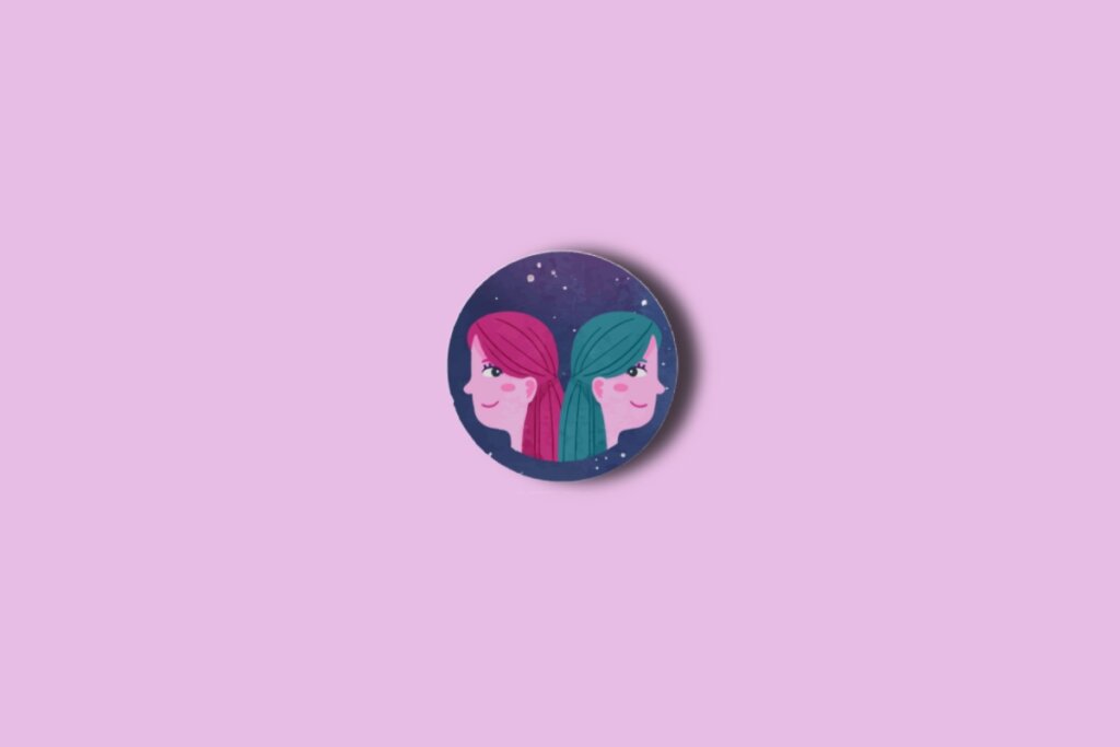 Ilustração do signo de gêmeos em um círculo azul com estrelas e sobre um fundo rosa