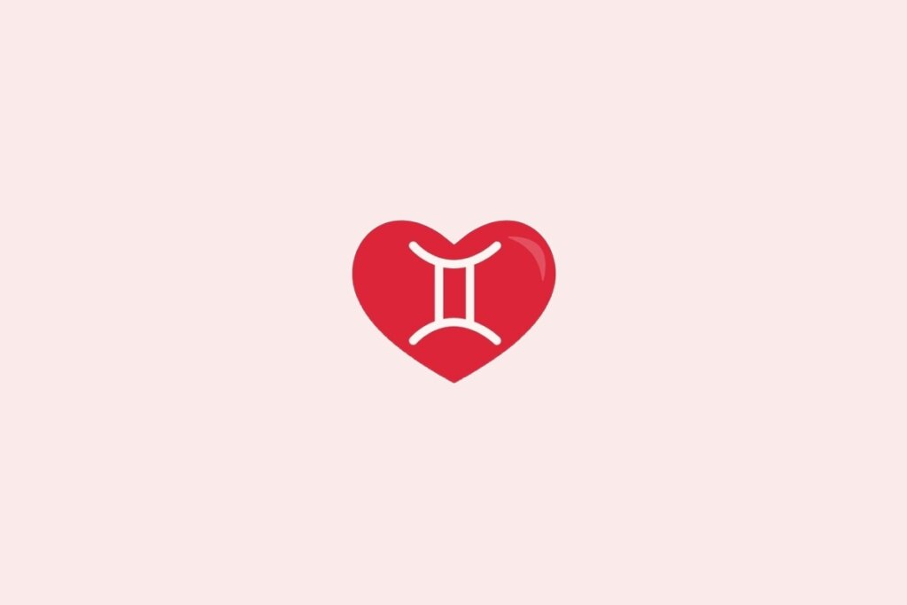 Ilustração do signo de gêmeos em um coração vermelho sobre um fundo rosa-claro