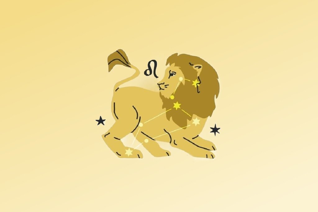 ilustração de um leão amarelo com constelação do signo de leão em cima sobre fundo amarelo-claro