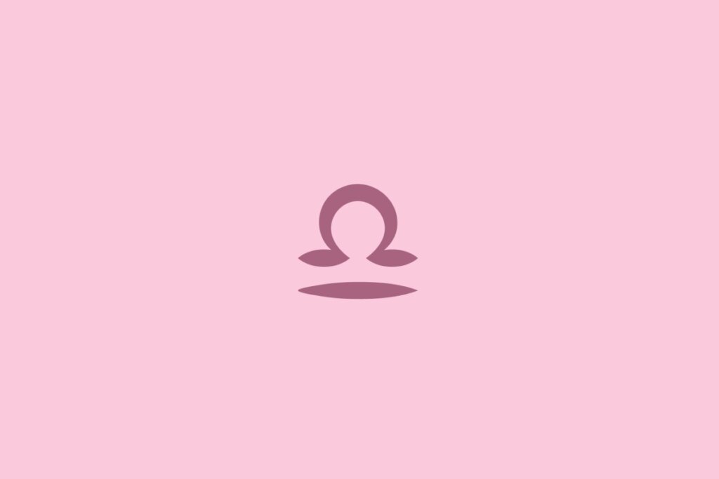 Ilustração do signo de libra na cor roxa centralizado em um fundo rosa-claro