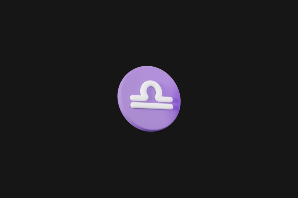 Ilustração do signo de libra em um círculo roxo e em cima de um fundo preto