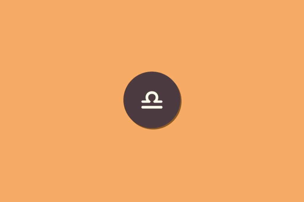 Ilustração do signo de libra na cor branca, dentro de um círculo marrom, centralizado sobre um fundo laranja