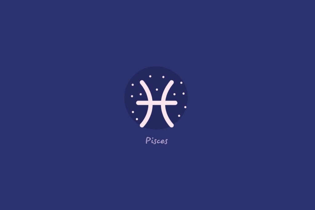 Ilustração do signo de peixes em um círculo azul-escuro, rodeado por estrelas, com o nome do signo abaixo, sobre fundo azul