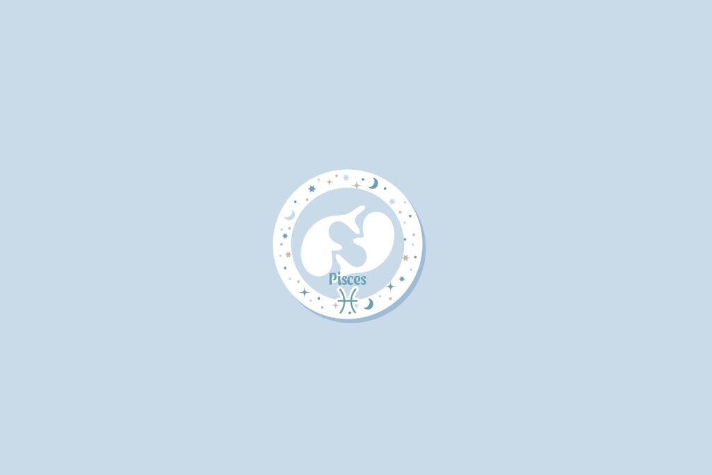 Símbolo do signo de peixes sobre fundo azul-claro, com detalhes de estrelas e luas distribuídos ao redor em um círculo branco