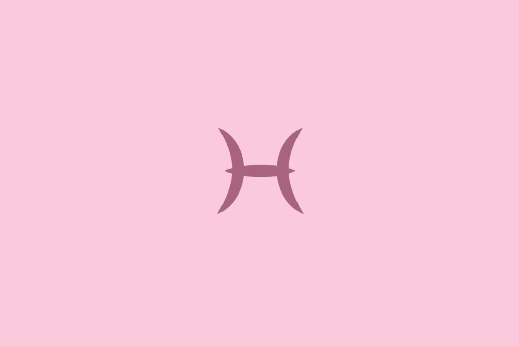 Ilustração do signo de peixes na cor roxa centralizado em um fundo rosa-claro