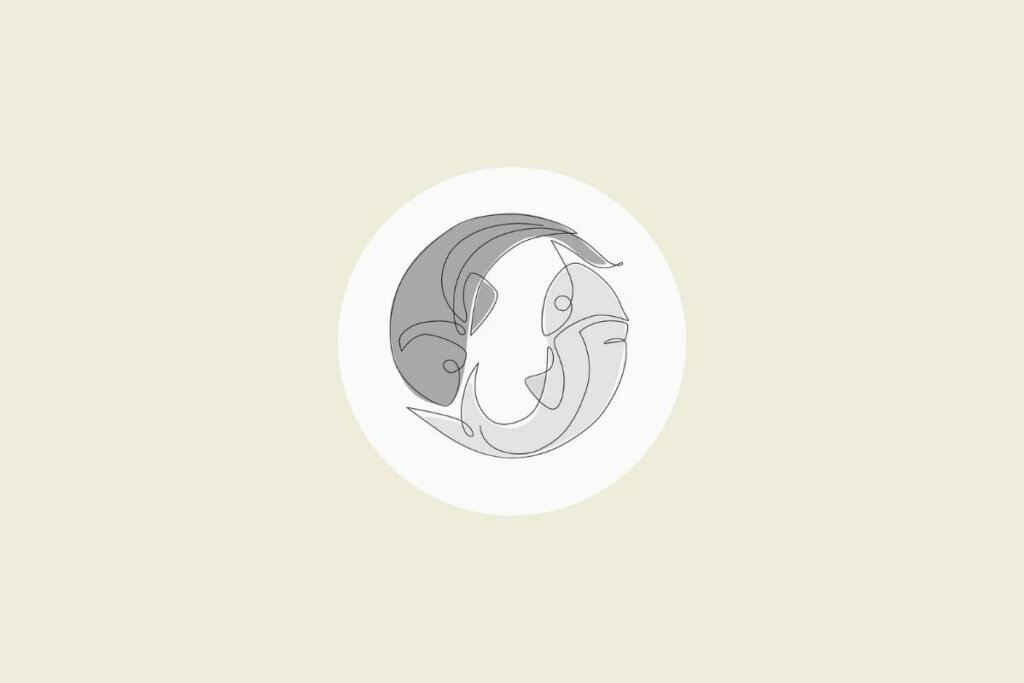 Ilustração do signo de peixes em preto e branco, dentro de um círculo, sobre um fundo bege-claro