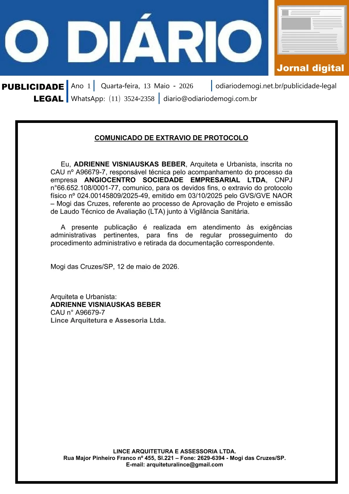Quarta-feira, 13 de Maio 2026