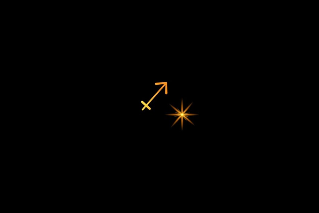 Ilustração do signo de sagitário em amarelo, em um fundo preto, com uma estrela do lado direito inferior
