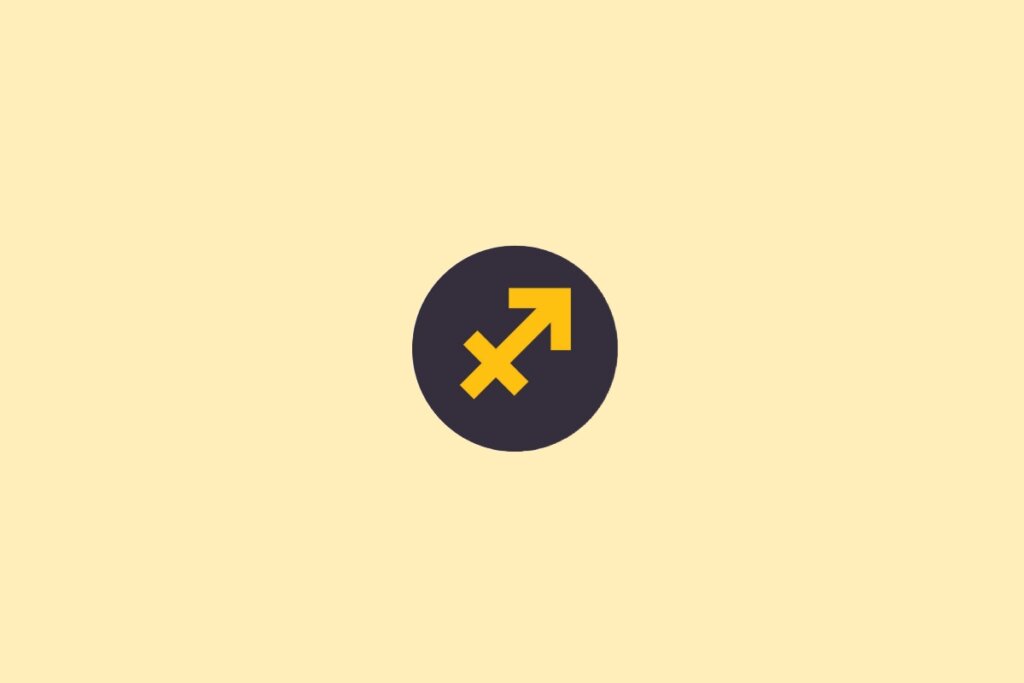 Um símbolo do signo de Sagitário em amarelo, dentro de um círculo escuro, sobre um fundo claro bege