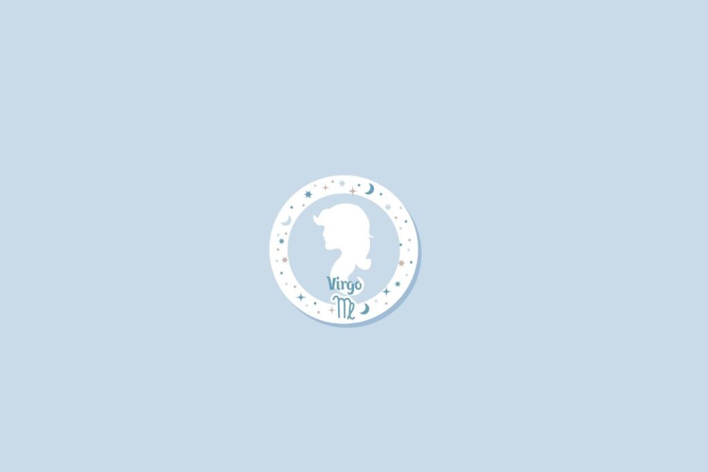 Símbolo do signo de virgem sobre fundo azul-claro, com detalhes de estrelas e luas distribuídos ao redor em um círculo branco