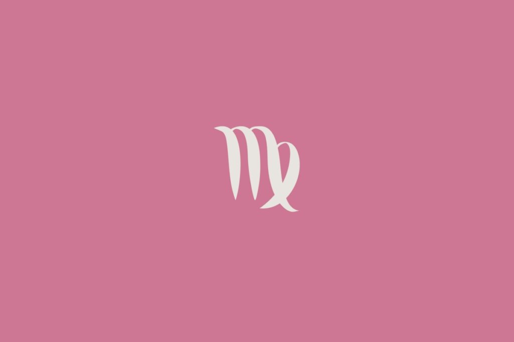 Ilustração do signo de virgem na cor branca centralizado em um fundo rosa-escuro