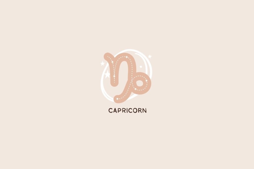 Ícone do signo de Capricórnio em tom bege, representando um símbolo abstrato com traços curvados e pontilhados, além de detalhes de estrelas sobre um fundo claro