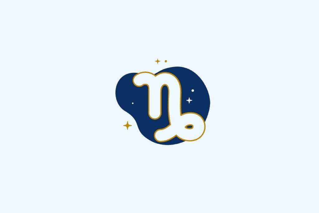 Ilustração do signo de Capricórnio contendo símbolo de cabra com cauda de peixe em azul-claro e dourado sobre fundo azul-claro
