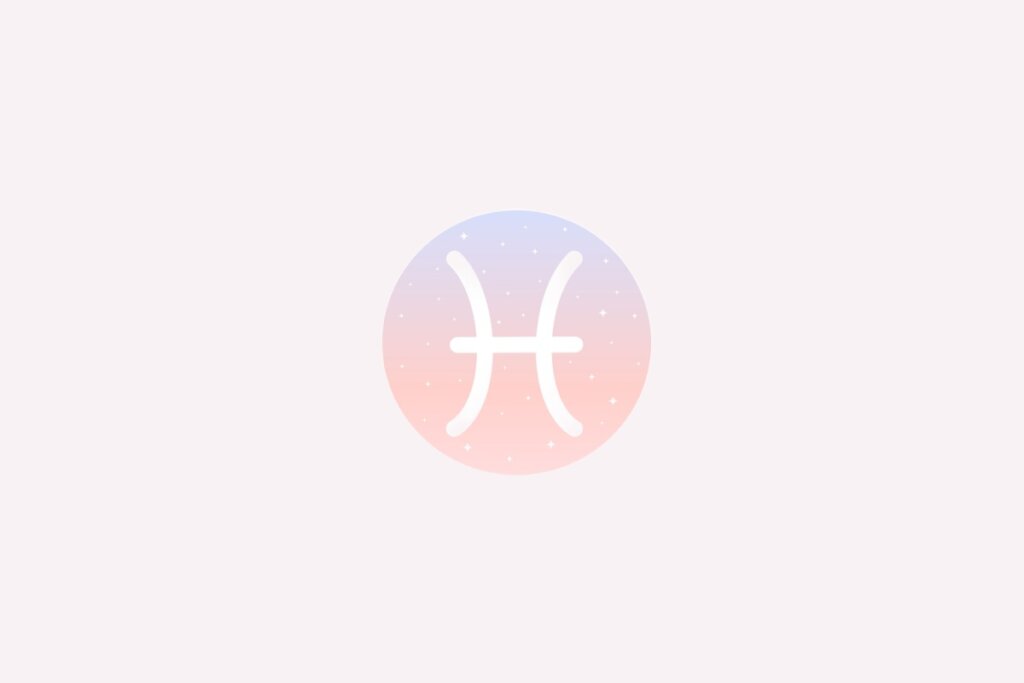Ilustração do signo de Peixes com dois arcos brancos ligados por uma linha no centro, em fundo degradê rosa e azul com estrelas