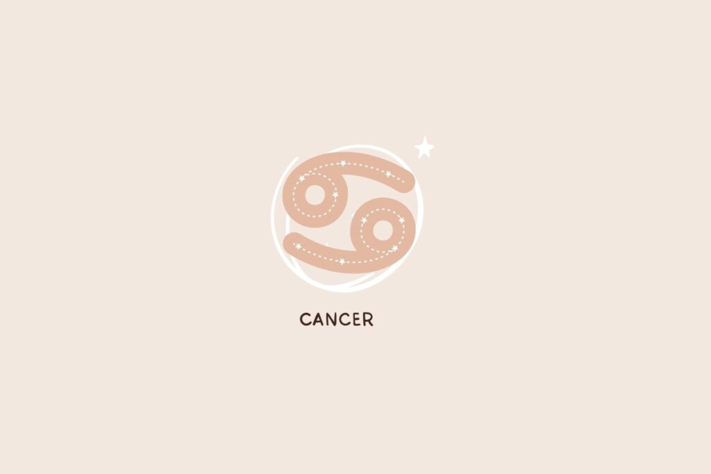 Ícone do signo de Câncer em tom bege, formado por dois espirais simétricos interligados, traços pontilhados e detalhes de estrelas sobre um fundo claro
