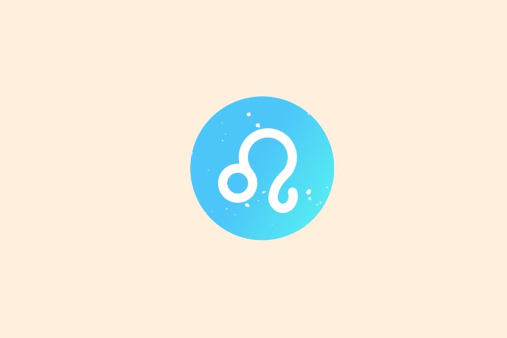 Ilustração do signo de Leão contendo símbolo em forma de espiral com cauda curva em círculo com gradiente azul-claro em fundo bege-amarelado