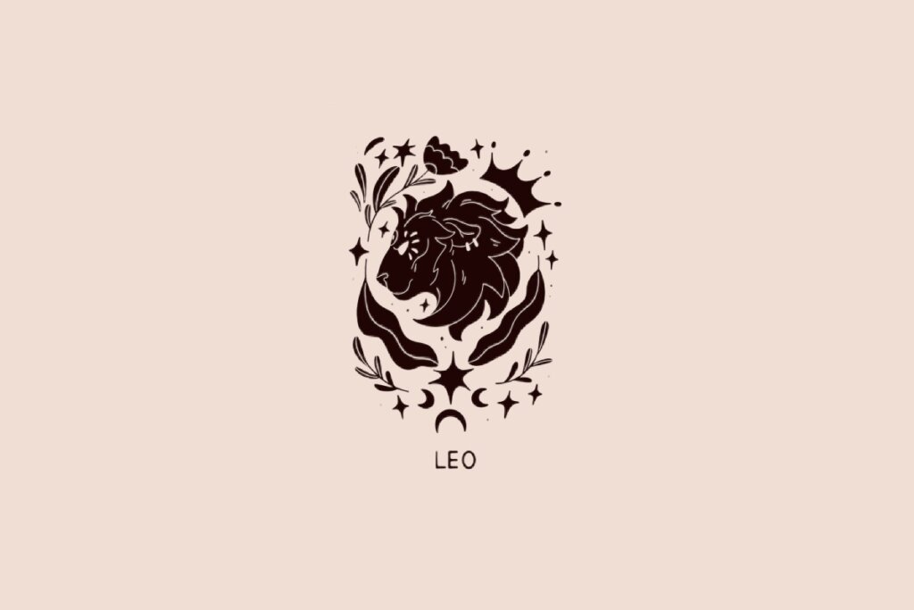 Ilustração do signo de Leão contendo a cabeça de um leão cercada por folhas e estrelas em fundo bege