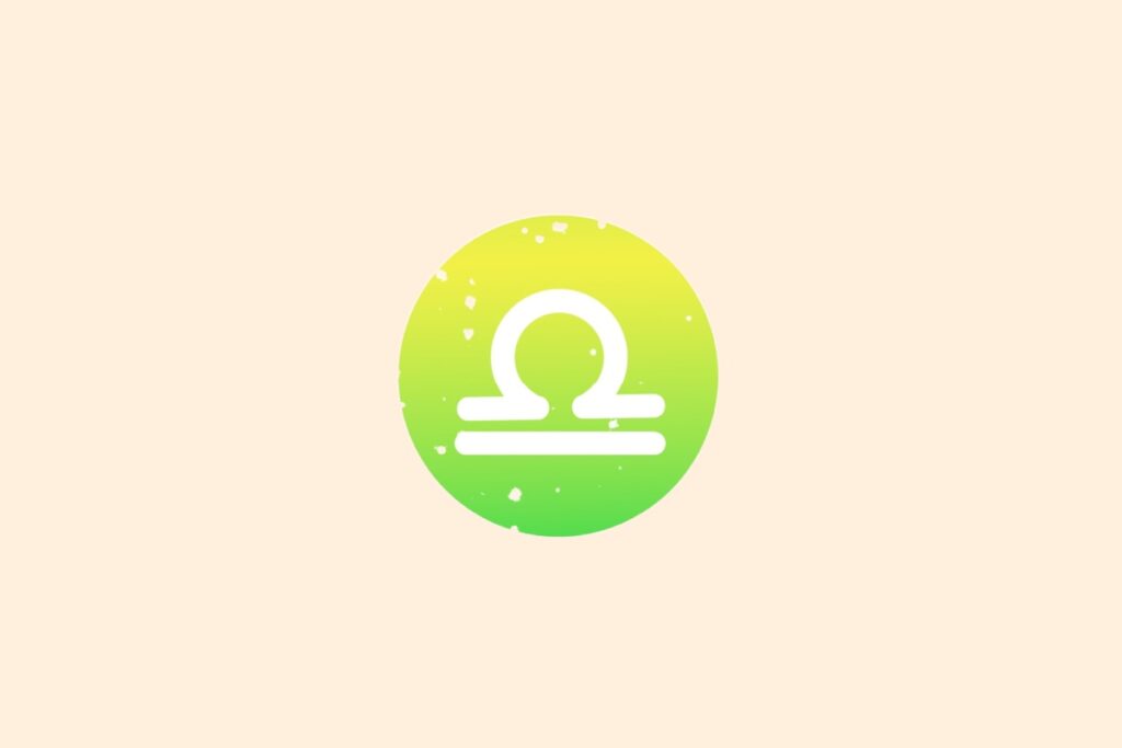 Ilustração do signo de Libra contendo símbolo em forma de balança com semicírculo sobre linha horizontal em círculo com gradiente amarelo e verde em fundo bege-amarelado