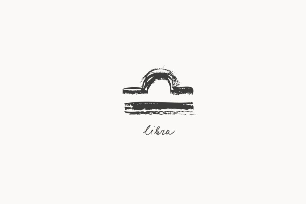 Ilustração do signo de Libra, contendo uma forma semelhante a uma balança com um arco acima de duas linhas horizontais, em fundo claro