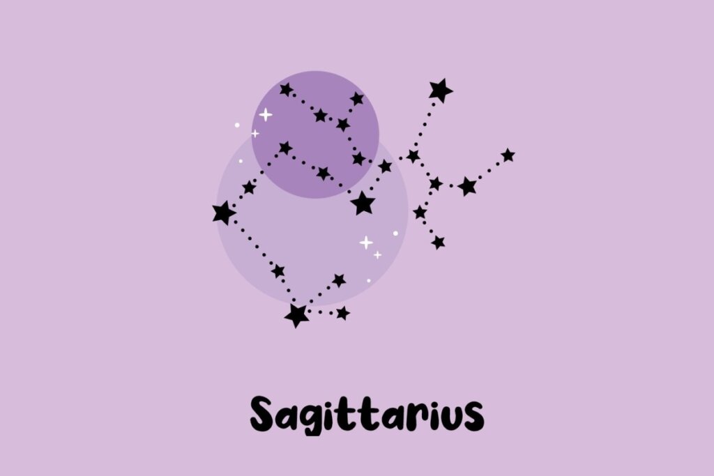 Ilustração da constelação do signo de Sagitário com estrelas pretas em destaque sobre fundo lilás