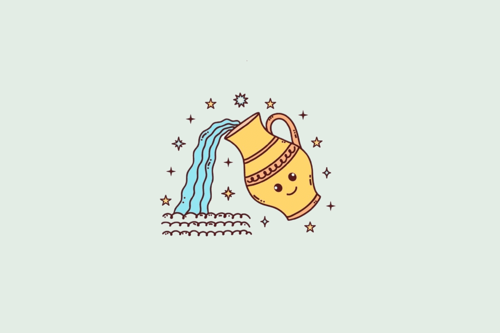 Uma ilustração simplificada do signo de Aquário, mostrando um jarro de água amarelo vertendo água, cercado por pequenas estrelas.