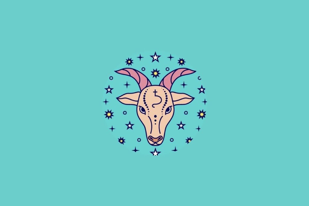 imagem do signo de Capricórnio em fundo azul, com ilustração centralizada e aparência delicada. O desenho estiliza o símbolo do signo com linhas simples, transmitindo um visual organizado e harmonioso.