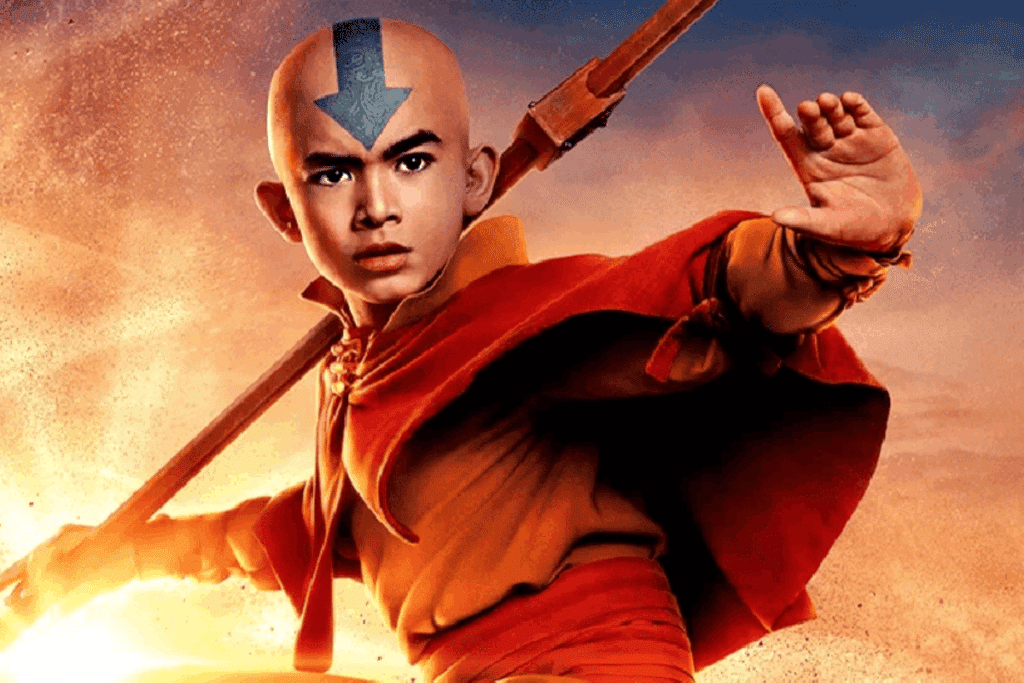 Capa de "Avatar: O Último Mestre do Ar", com o protagonista usando roupa vermelha e olhando para frente