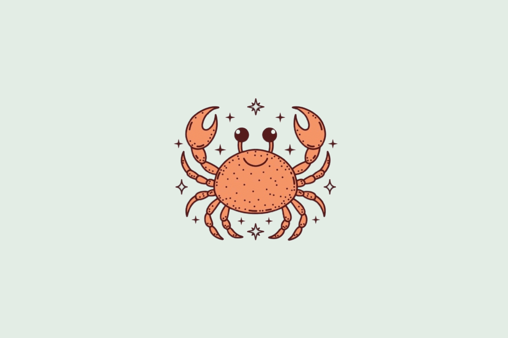 Uma ilustração simplificada do signo de Câncer, mostrando um caranguejo laranja-claro com olhos grandes e um sorriso, cercado por pequenas estrelas.