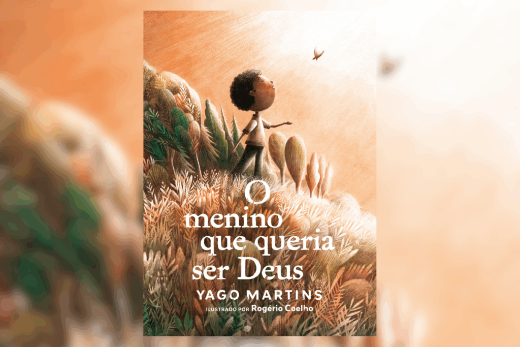 Capa do livro "O menino que queria ser Deus", com a ilustração de um menino, em meio a plantas secas, olhando para borboleta 