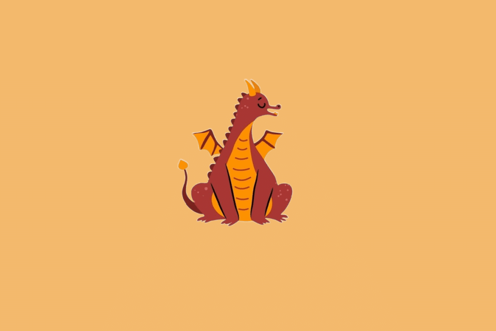 Ilustração minimalista de um dragão de cor avermelhada com asas e ventre amarelos, sobre um fundo sólido bege-alaranjado.