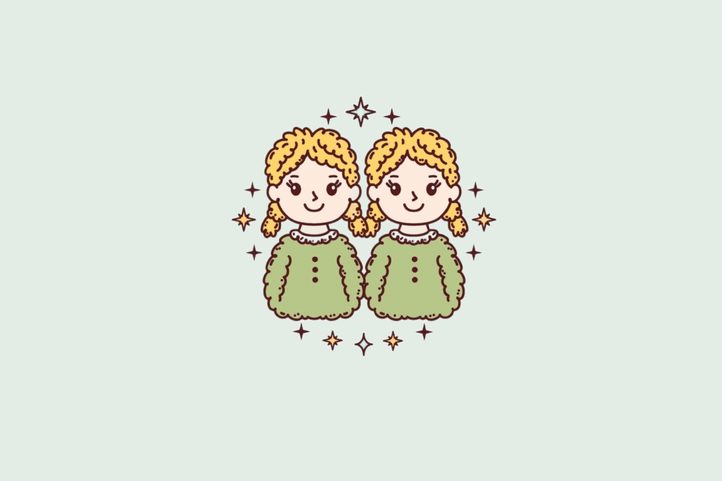 Uma ilustração simplificada do signo de Gêmeos, mostrando duas figuras femininas idênticas lado a lado, cercadas por pequenas estrelas.