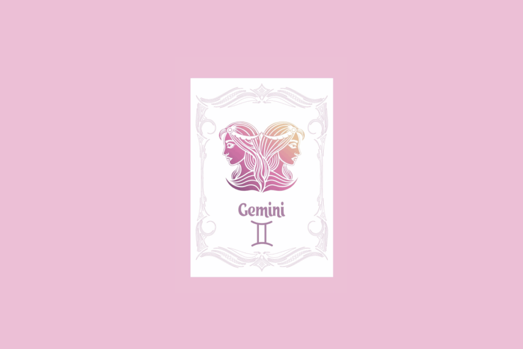 Um cartão branco com uma moldura ornamentada em rosa claro contém a ilustração de duas cabeças femininas olhando para direções opostas com um gradiente de roxo a laranja, e o texto "Gemini" acima do símbolo de gêmeos, tudo sobre um fundo rosa sólido.