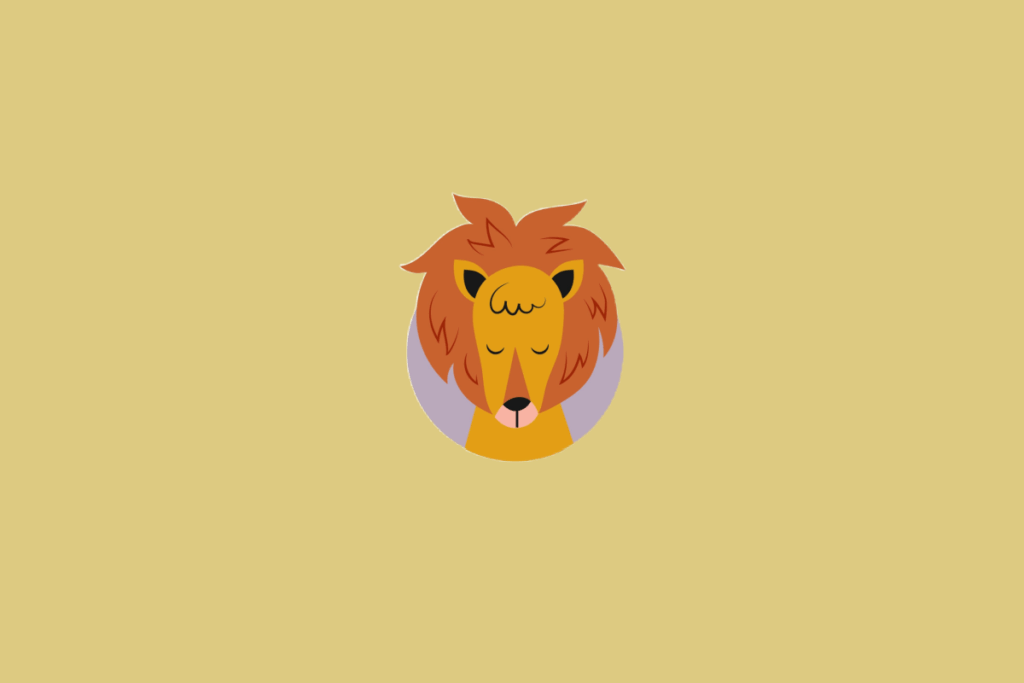 Ilustração estilizada frontal da cabeça de um leão de olhos fechados com uma juba volumosa em tons de laranja, inserida em um círculo roxo sobre um fundo amarelo-claro.