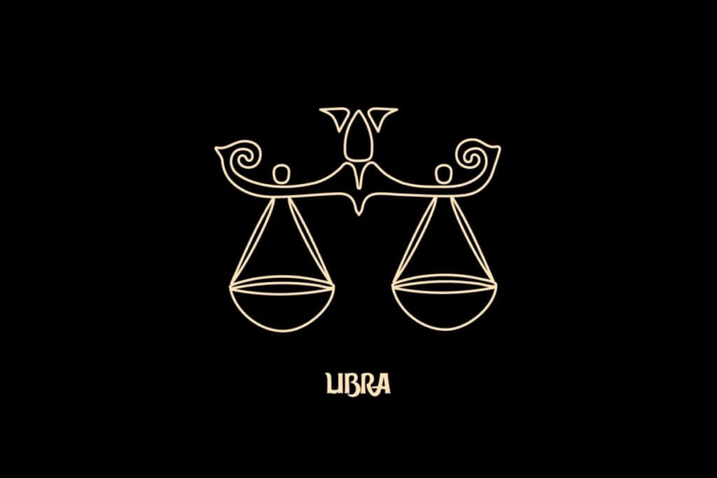 Ilustração em estilo de arte de linha bege sobre um fundo preto, representando o signo astrológico de Libra. A imagem retrata uma balança ornamentada e equilibrada, com detalhes em curvas nas extremidades superiores. Abaixo do desenho, está escrita a palavra "LIBRA" em uma fonte estilizada.